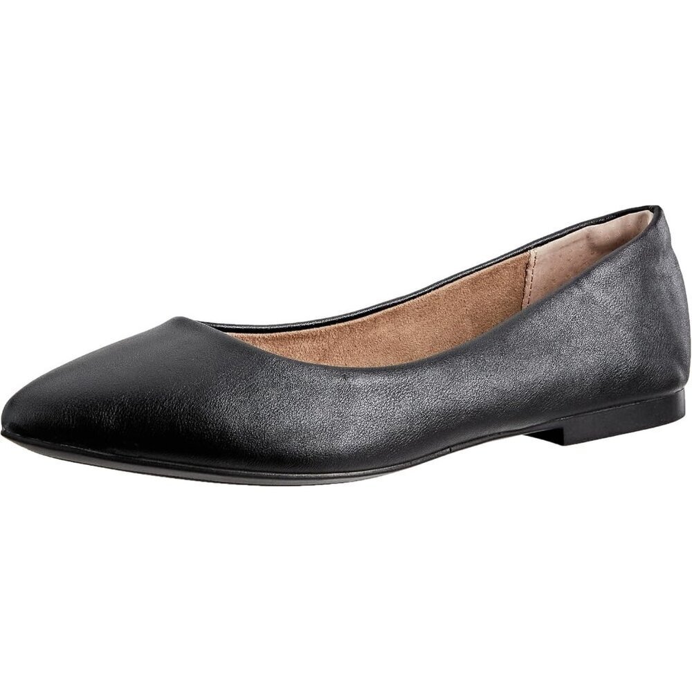 Womens Black Faux Leather Closed Pointed-Toe Low Heel Slip On Ballet Flat Shoes